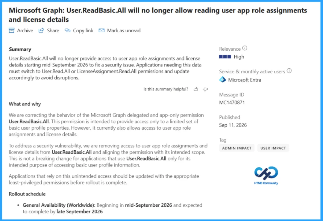 Microsoft 365 Message Center notice MC1470871 describing the User.ReadBasic.All change and its rollout schedule