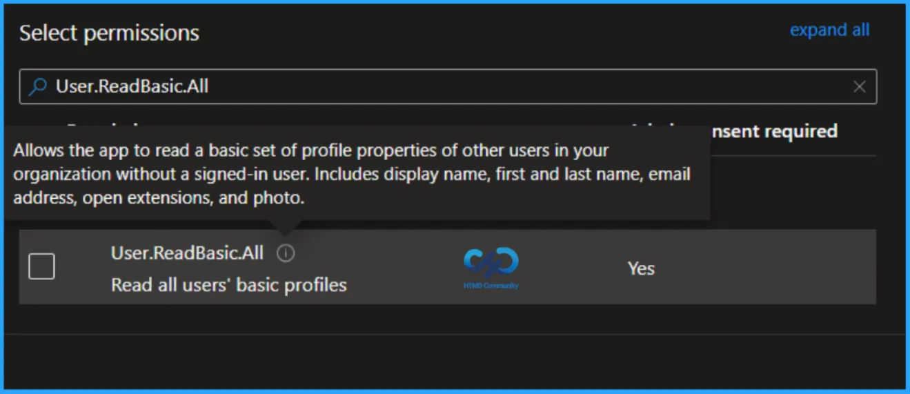 Microsoft Graph Select permissions dialog highlighting User.ReadBasic.All and its basic profile description